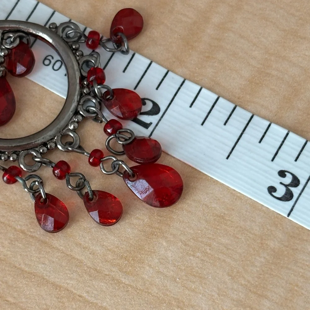 Crimson Red Chandelier Earrings with Teardrop Beads / silver tone wires - Picture 2 of 7